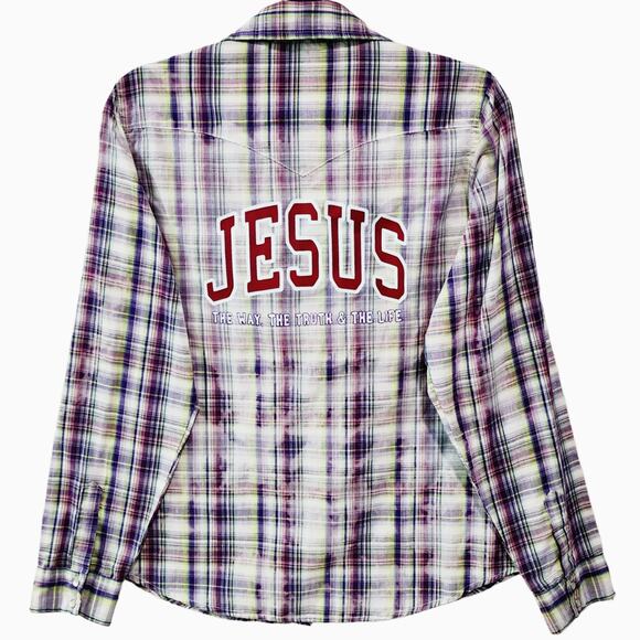 Jesus The Way The Truth The Life Upcycled Plaid Snap Button Western Shirt, XL - Picture 6 of 6